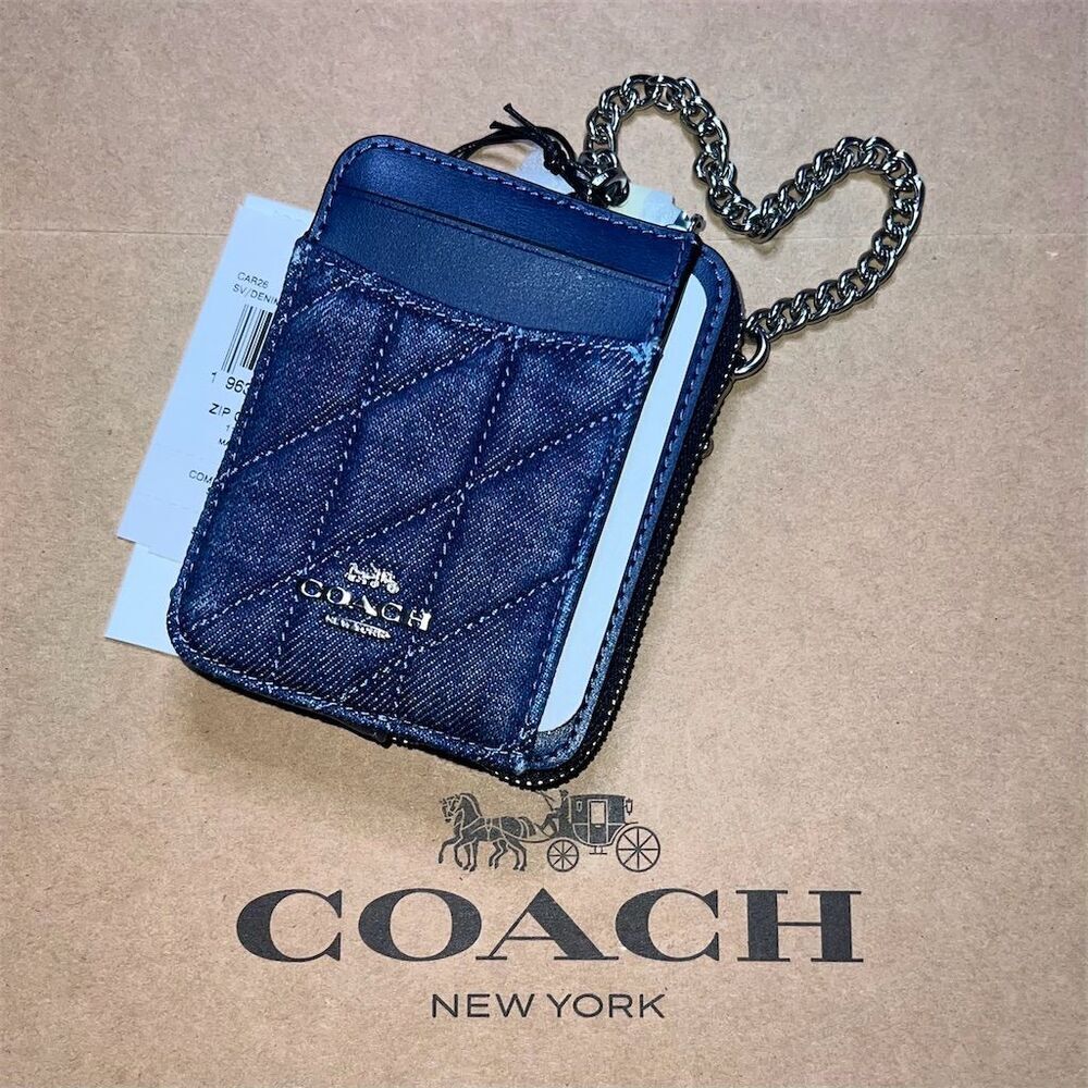 COACH Zip Cardcase Cardholder Card Wallet Blue Denim w Chain CAR26 AUTHENTIC